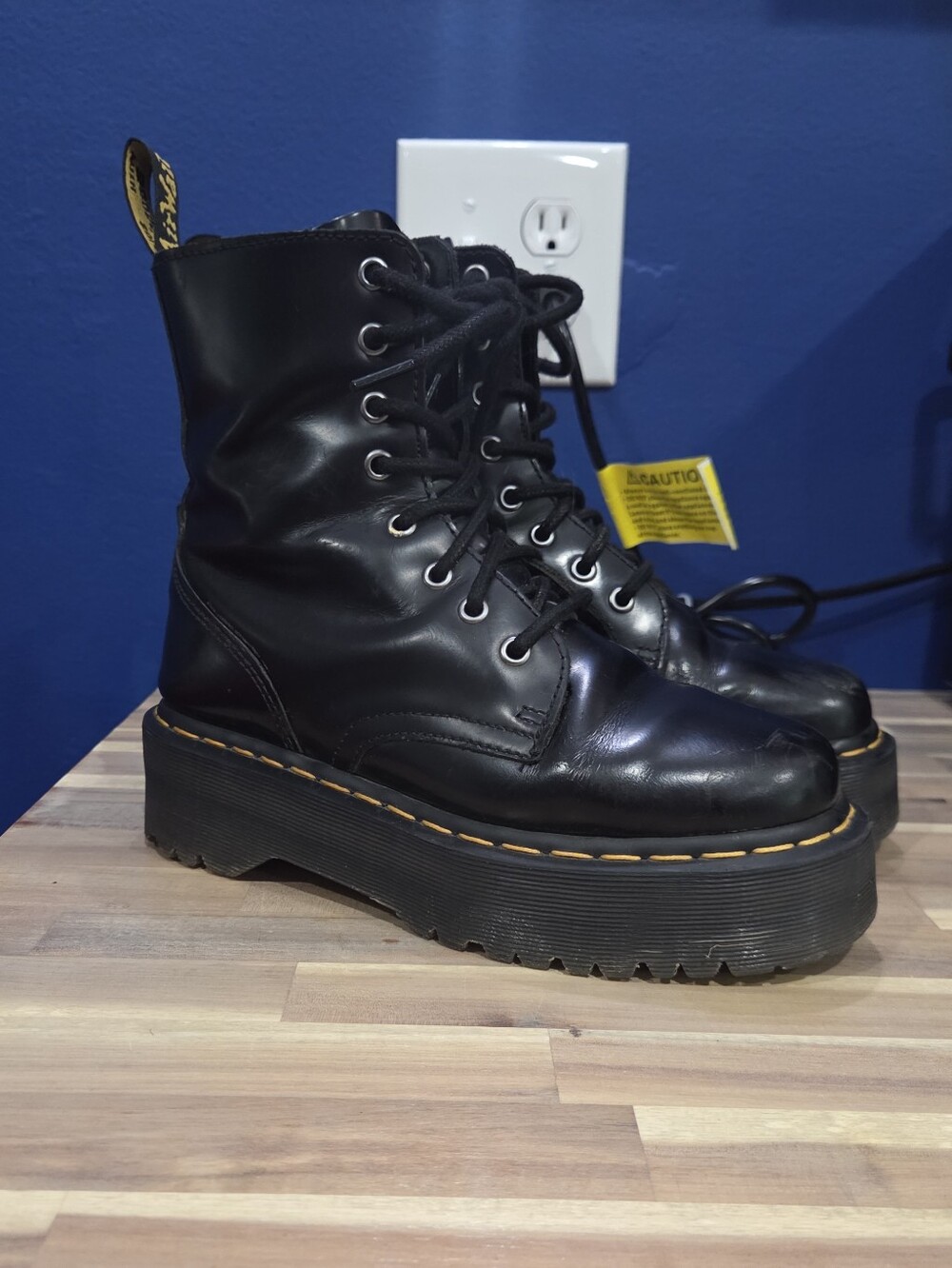 Dr. Martens Black Platform Lace-Up Boots with Yellow Stitching